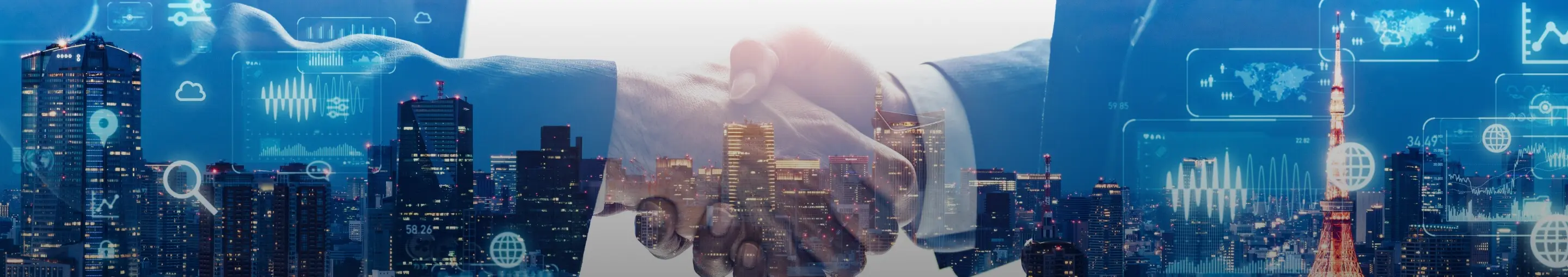 都市の上空に地球儀とネットワーク回線をイメージしたデジタルアート