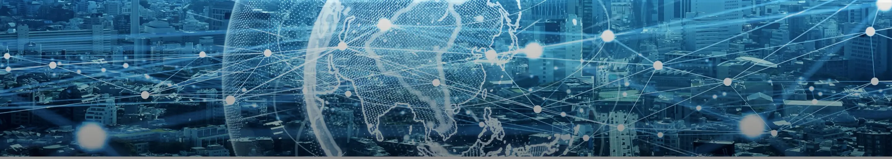 青い背景に白い点と線で構成されたネットワークを表現した抽象的なデザイン